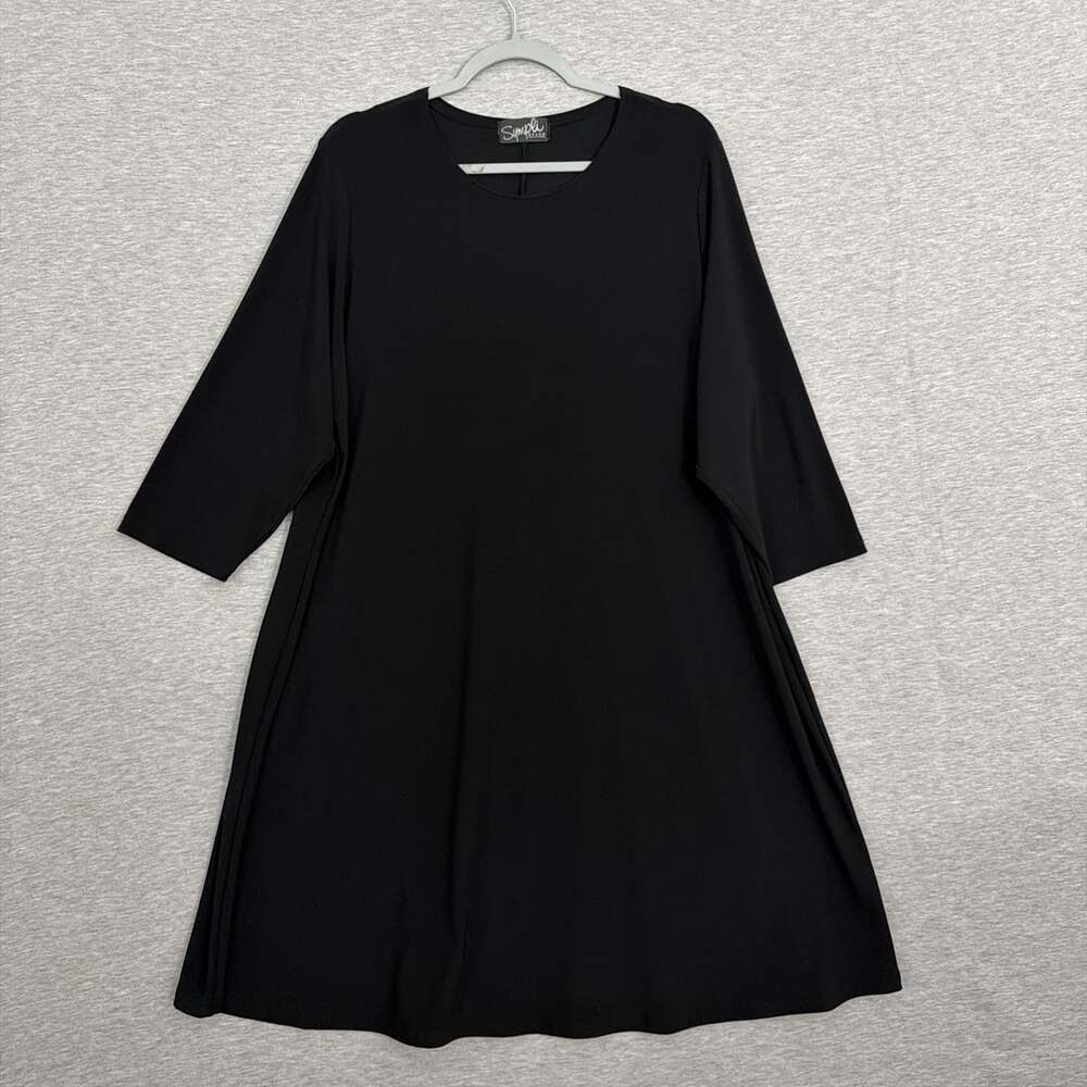Sympli Grand Womens Size 14 Black A-Line Swing Midi Dress 3/4 Sleeve